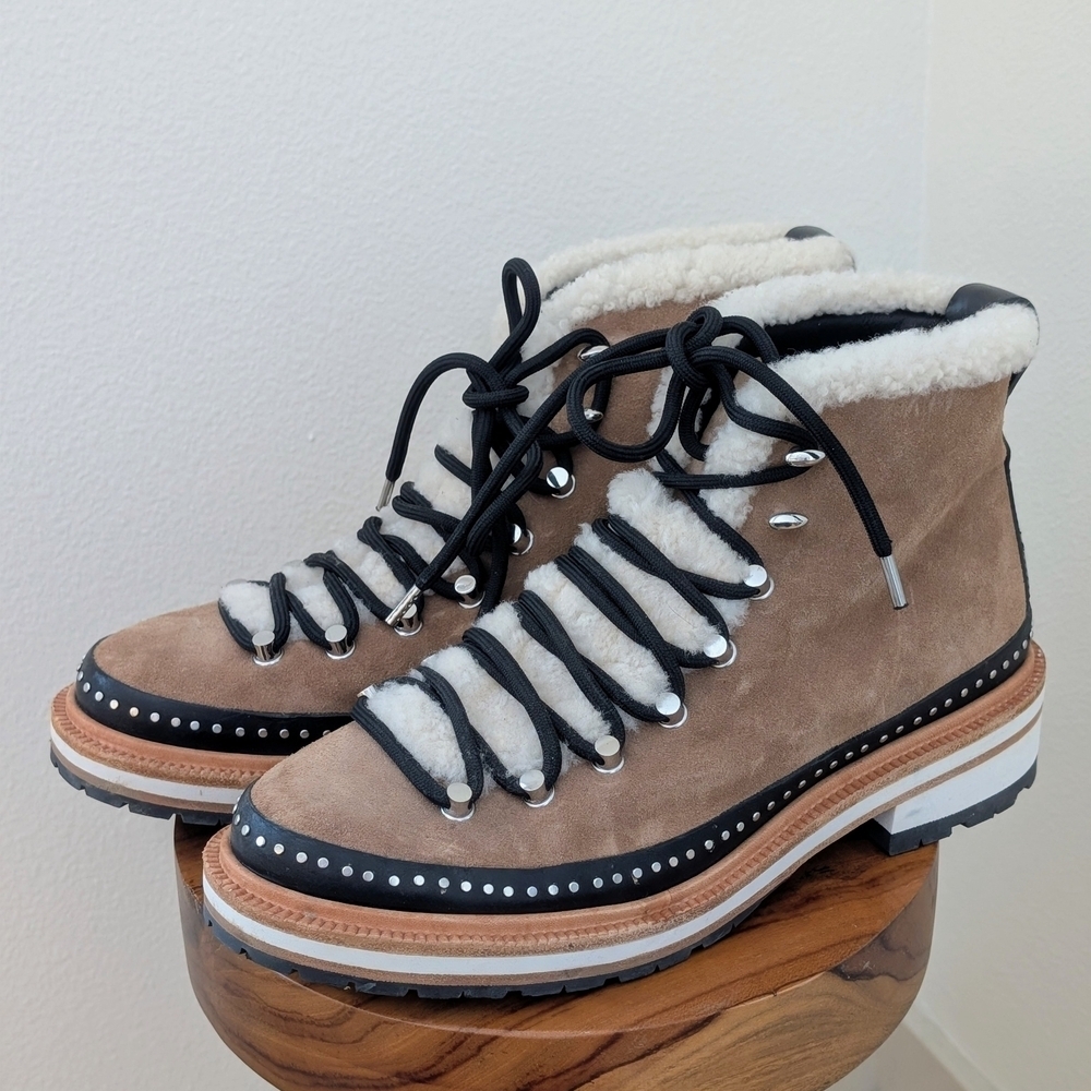 Rag & Bone Compass Shearling Tie Front Booties In Tan/Black, Size 9